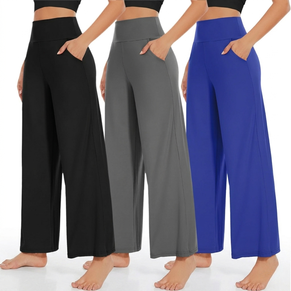 Pack Of 3 Wide Fit High Rise Pants Pockets For Women