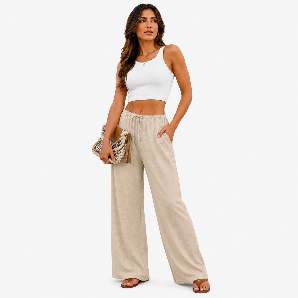 Flowy Palazzo Pants With Pockets And Drawstring Style For Women