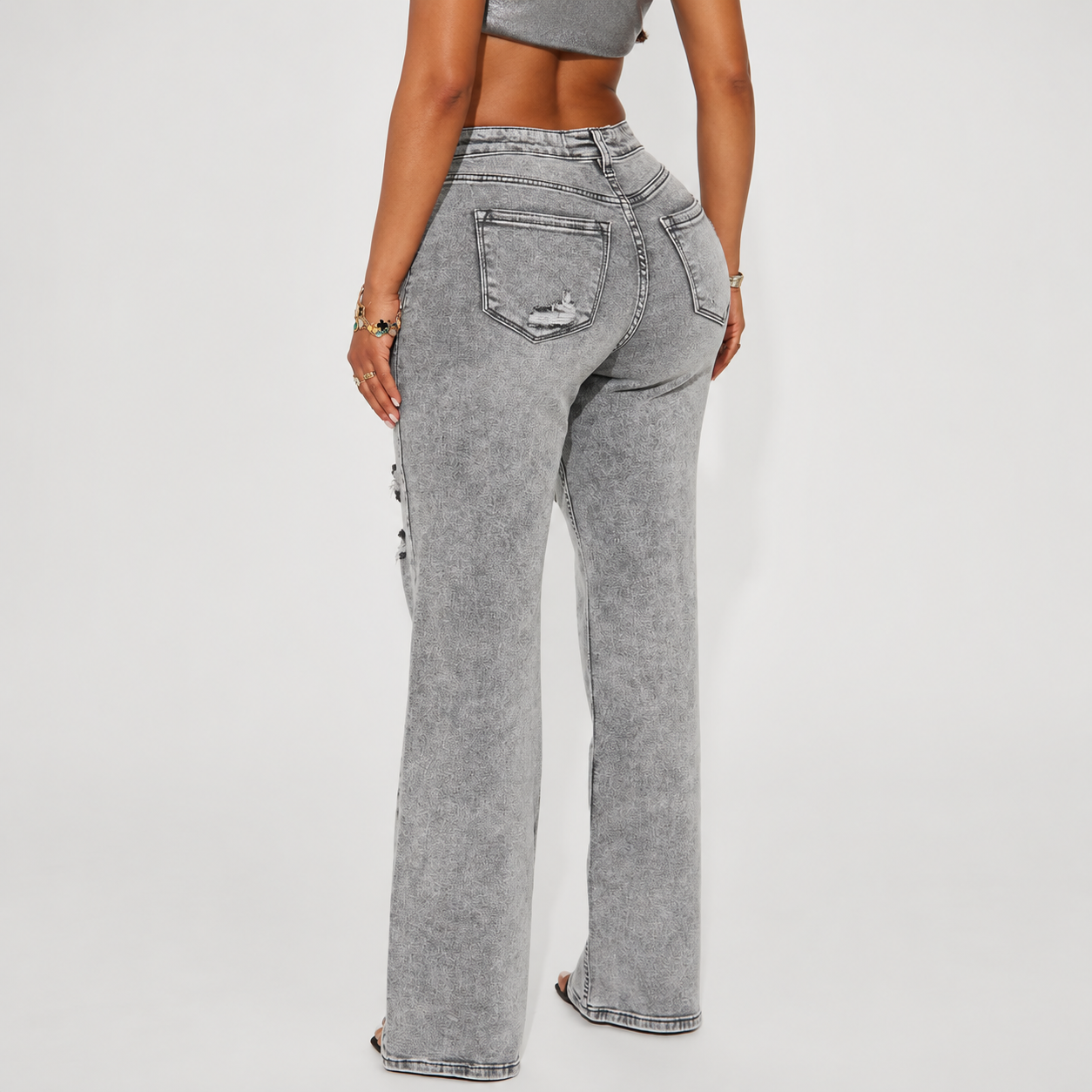 Semi Ripped Stretch Baggy Jeans For Women