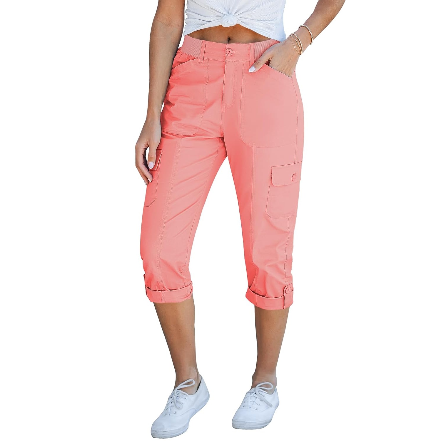 Casual Cargo Capri Pants With Knit Waistband
