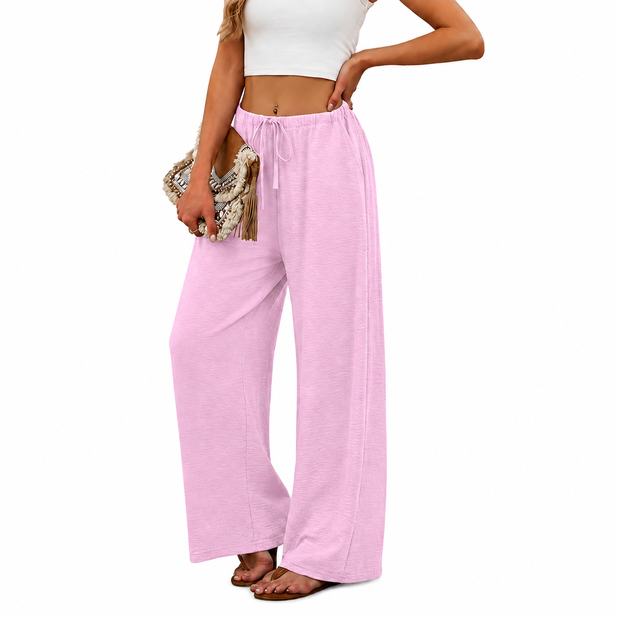 Flowy Palazzo Pants With Pockets And Drawstring Style For Women