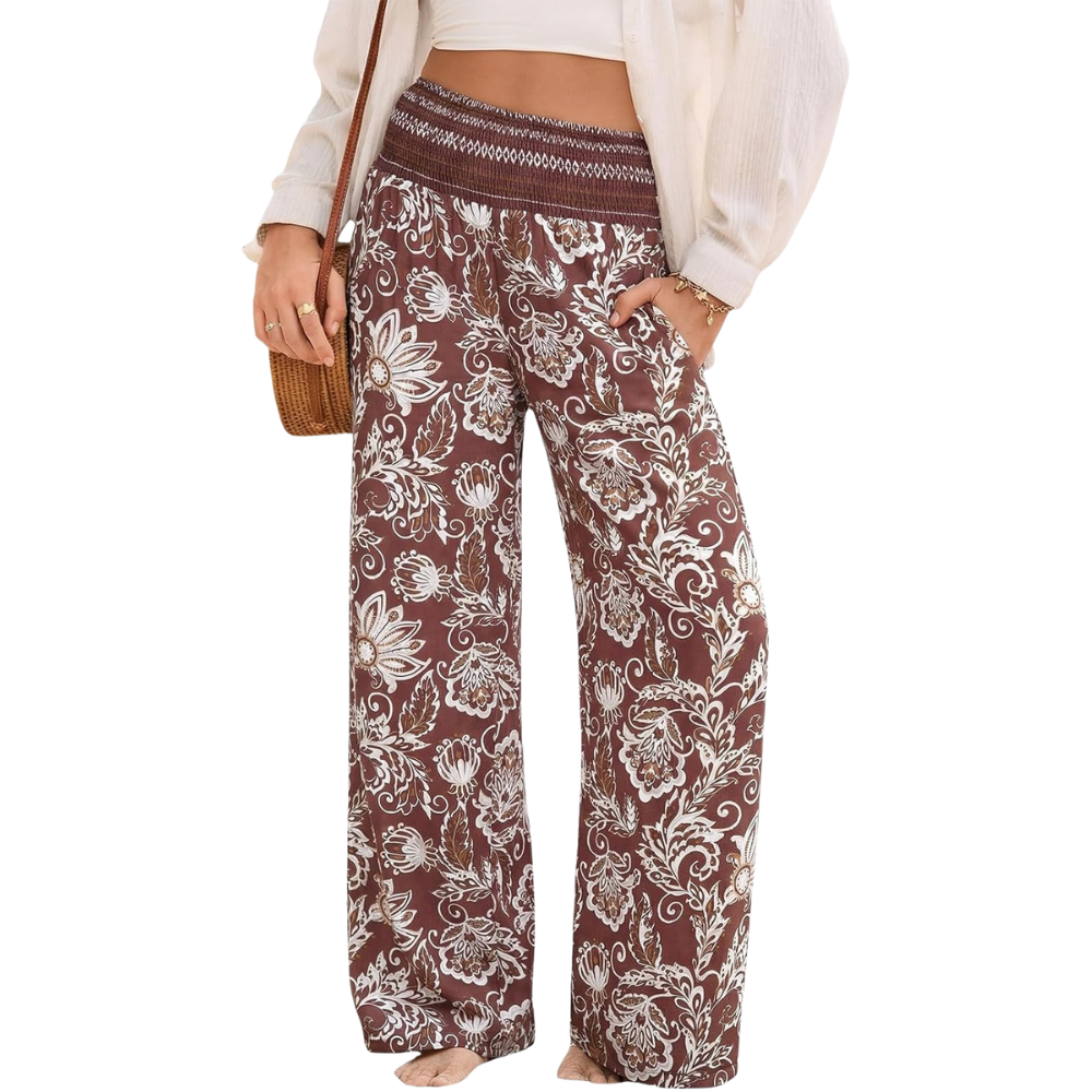 Summer Boho Floral Casual Loose Palazzo Pants With Pocket