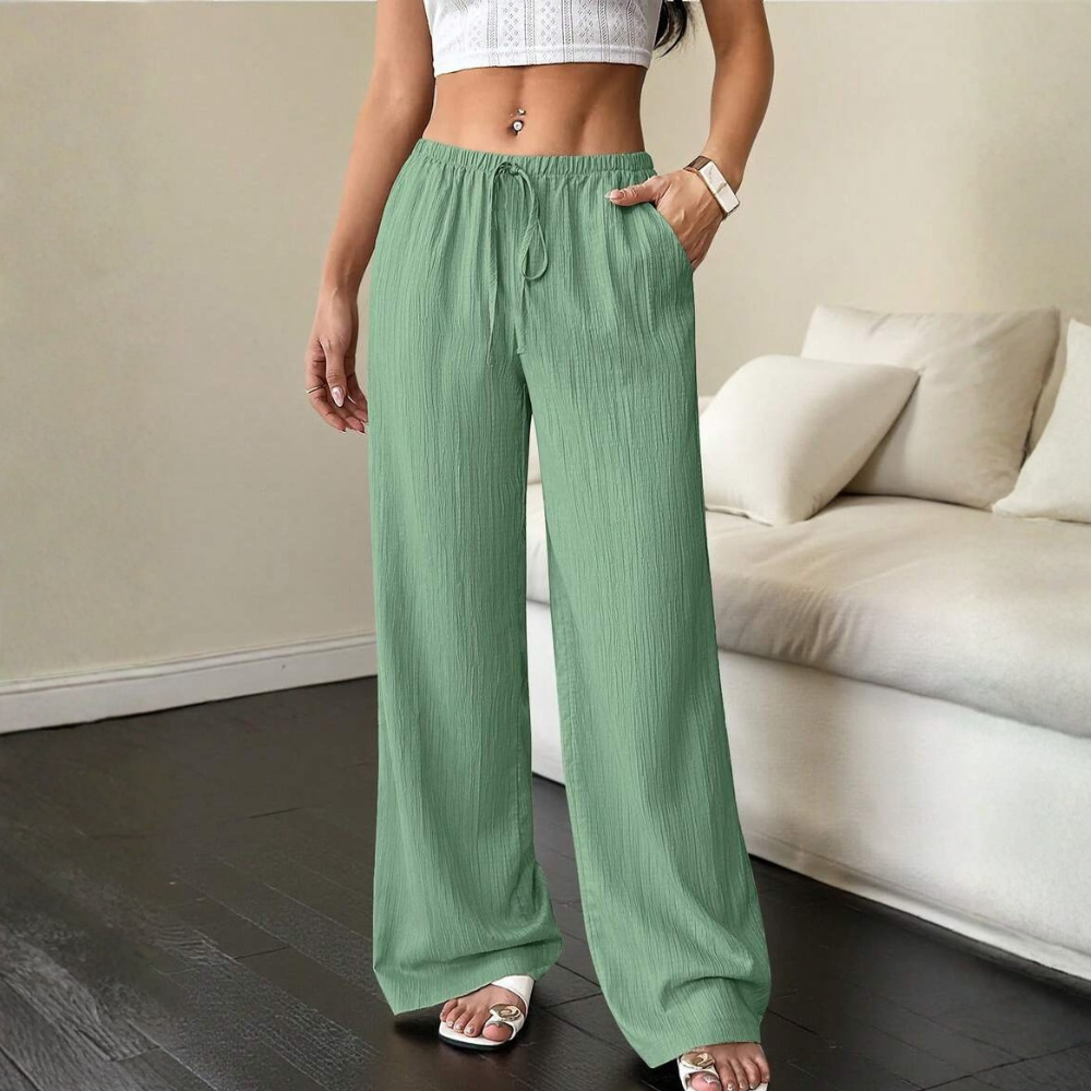 Solid Pocket Wide Loose Casual Pants For Women