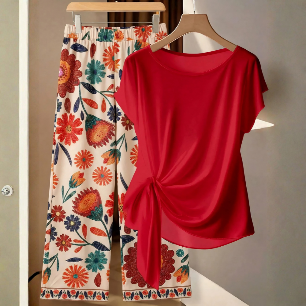 Casual Bowknot Shirt & Loose Straight Geometric Print Pants Set
