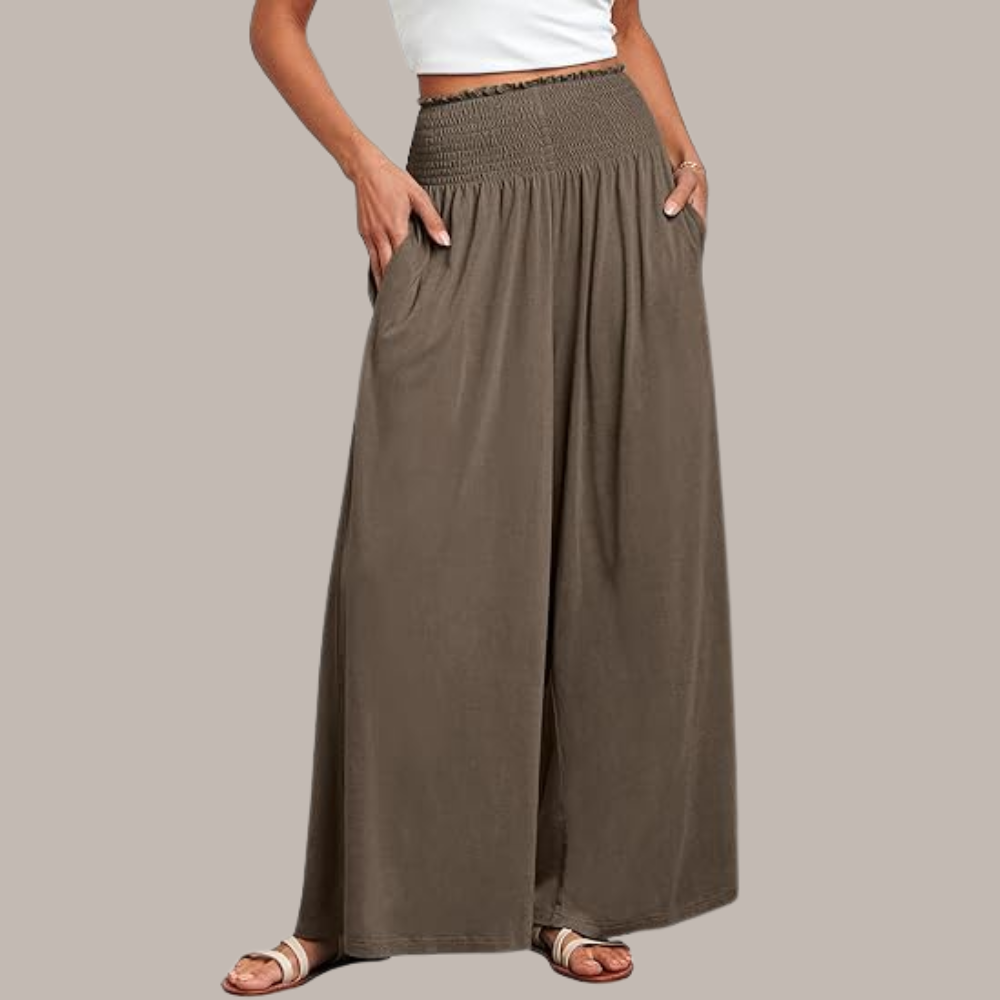 Casual Smocked Waist Wide Shank PantsSummer Boho Palazzo Pants With Baggy Fit And Loose Lounge Design For Women - Image 16
