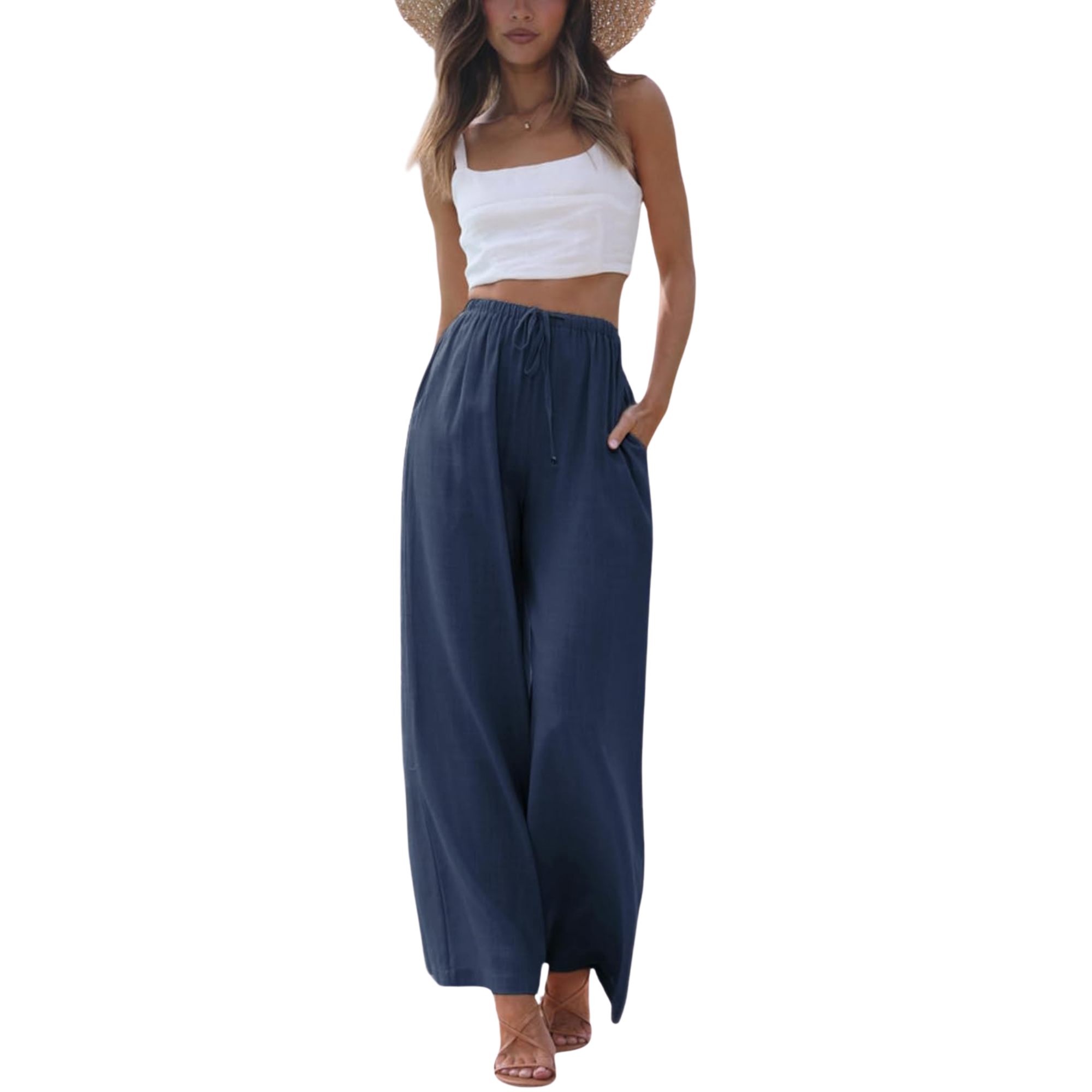 Cotton Linen Wide Leg Palazzo Pants with Pockets