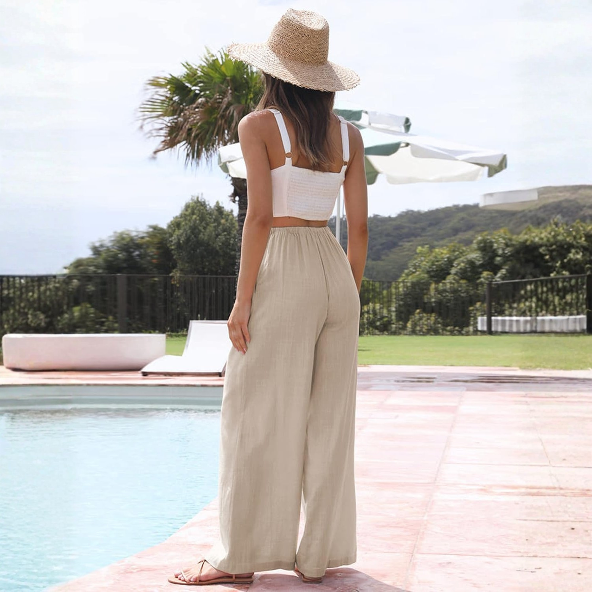 Cotton Linen Wide Leg Palazzo Pants with Pockets