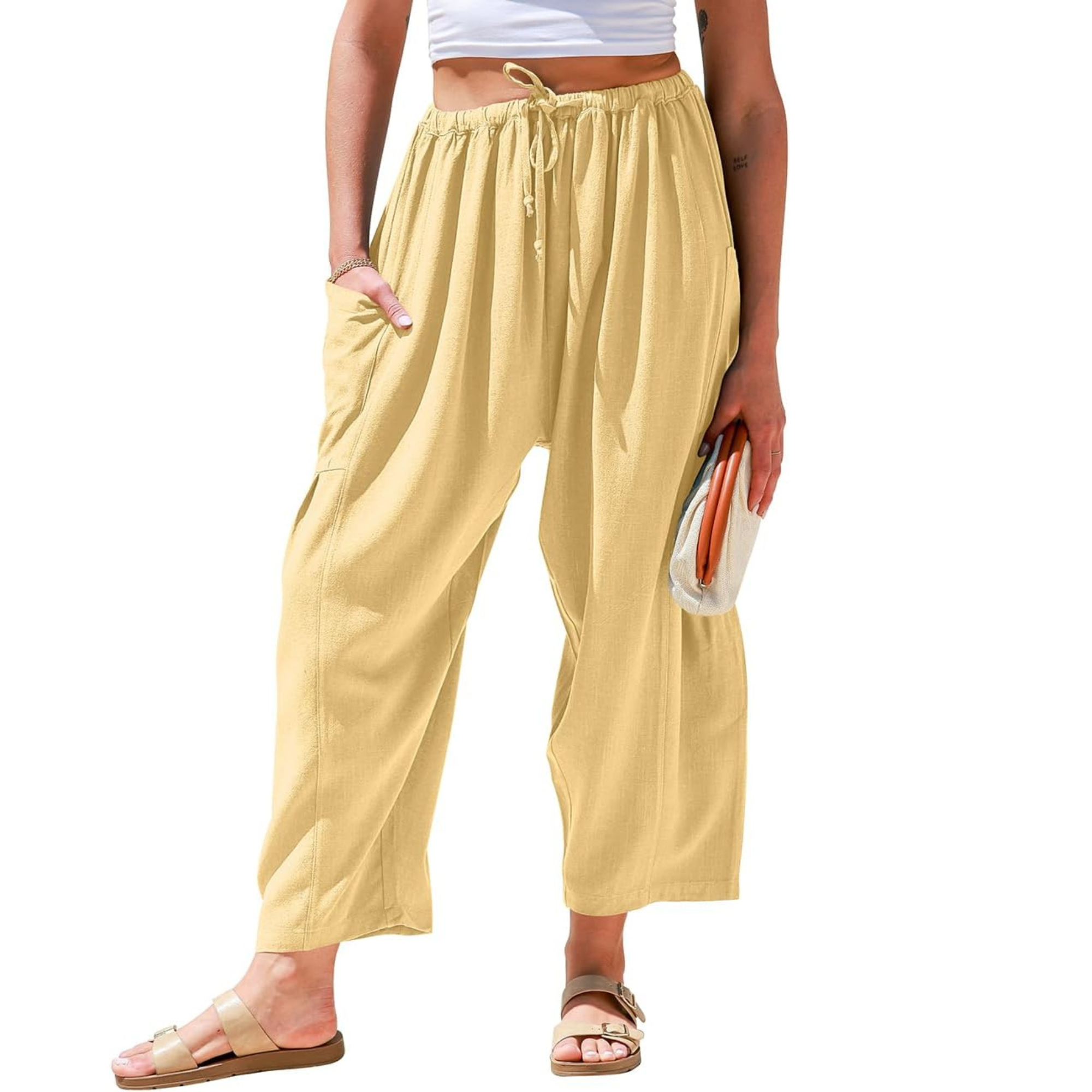 Linen Wide Leg Drawstring Palazzo Harem Pants Women