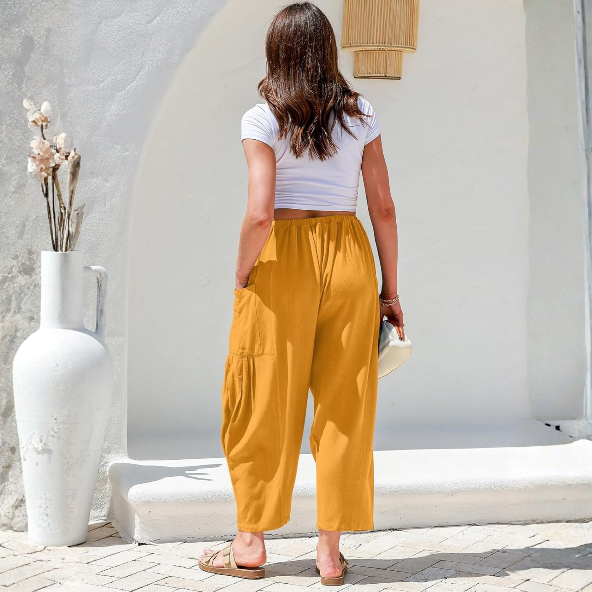 Linen Wide Leg Drawstring Palazzo Harem Pants Women