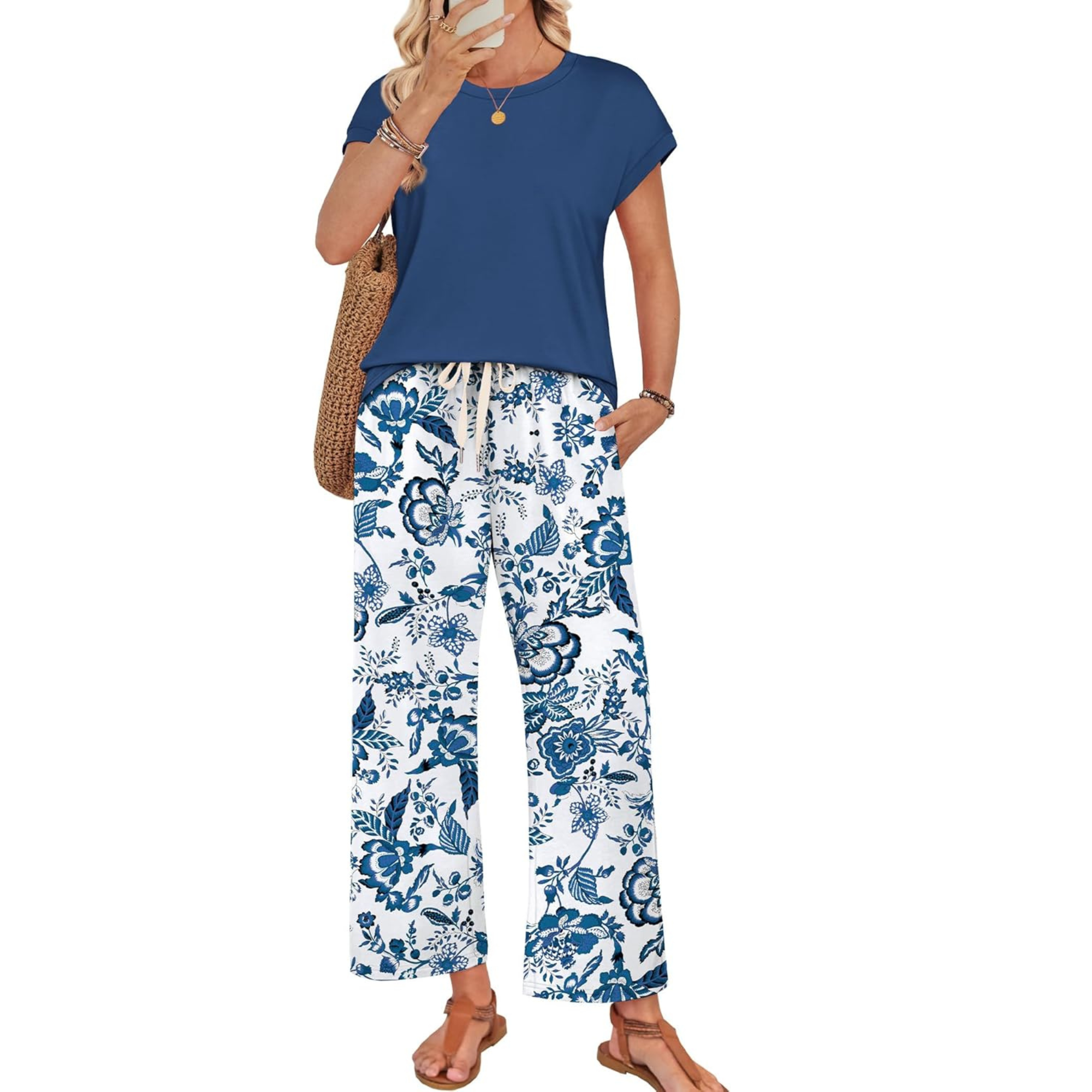 Women Two Piece Lounge Set with Wide Leg Pants