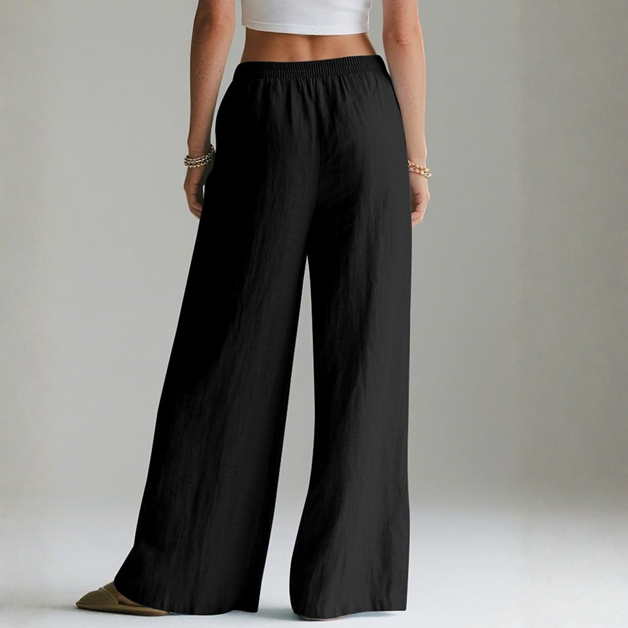 Linen Wide Leg Palazzo Pants with Elastic Waist Pockets