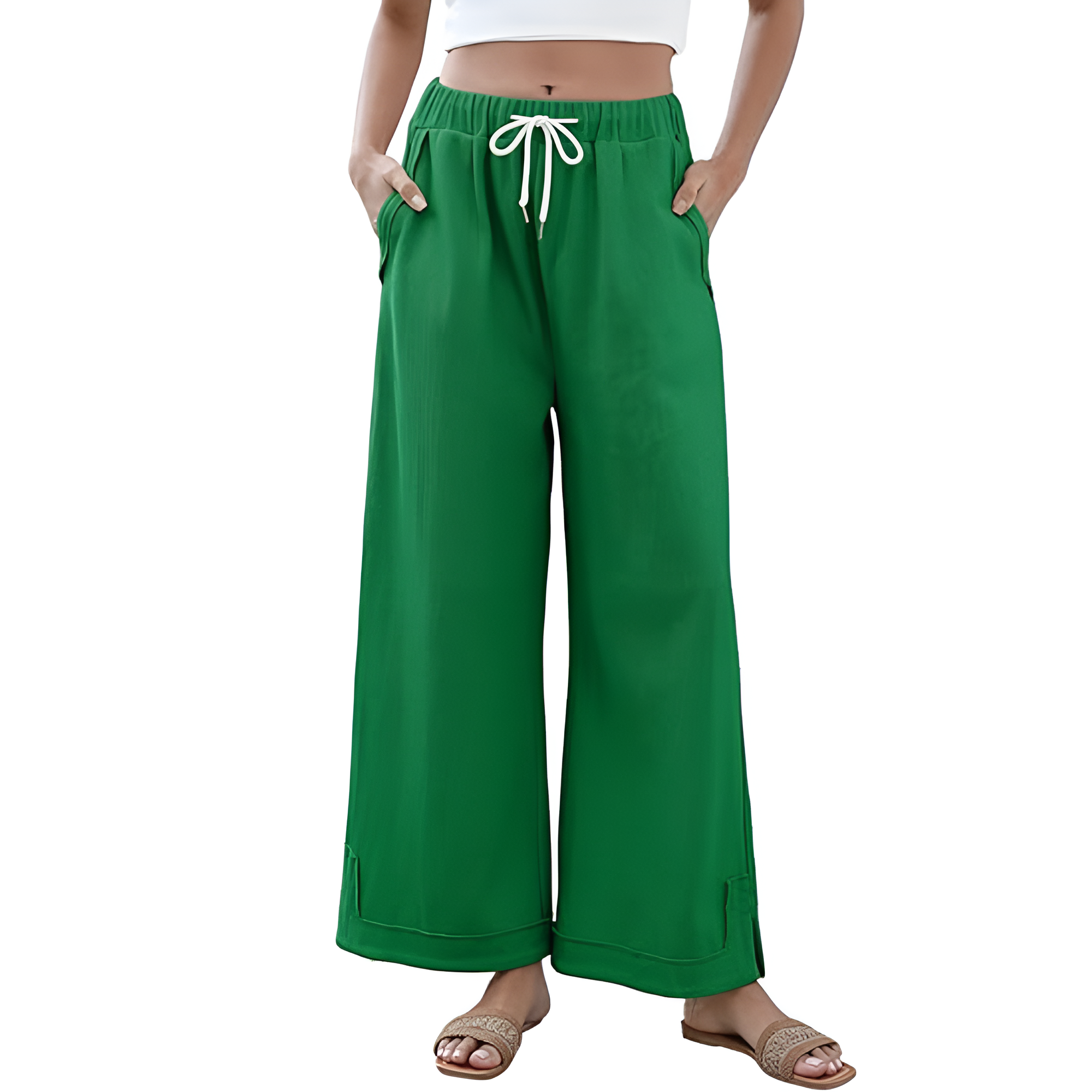 [Copy]High Waist Cropped Wide PantsLoose Fit Drawstring Wide Trousers - Image 11