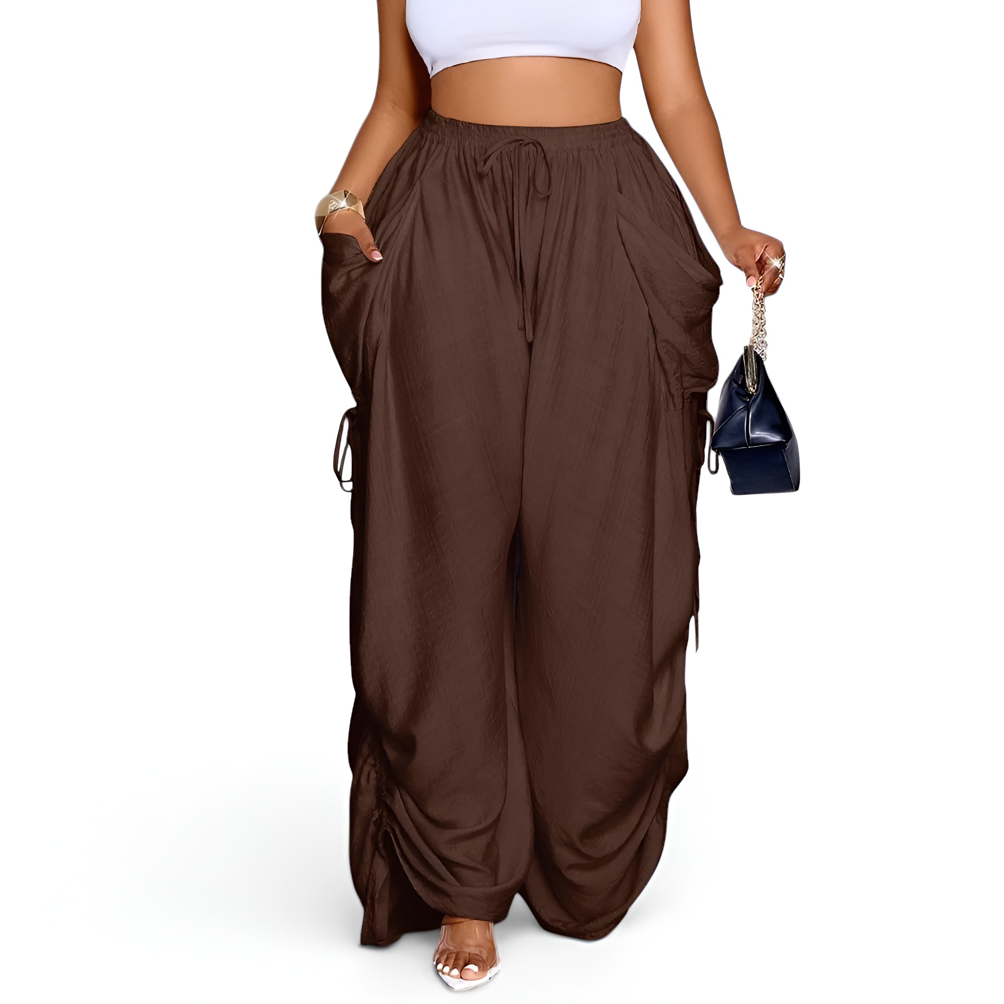 Womens Casual Loose Fit Wide Leg Drawstring Pants