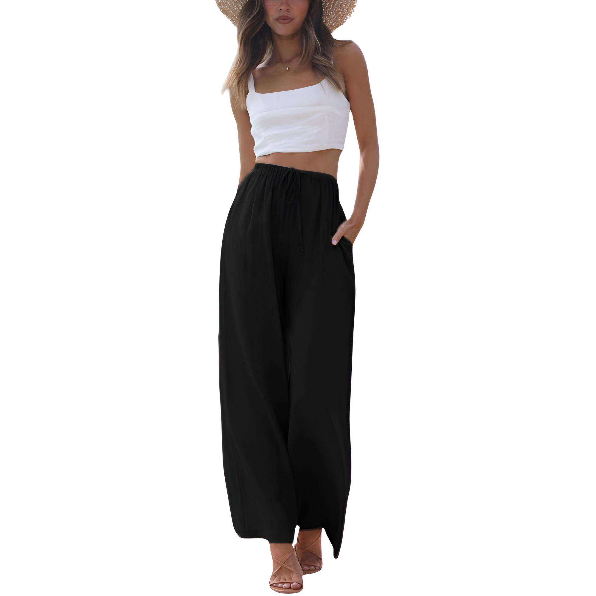 Flowy Summer Wide Fit Beach Palazzo Pants With Pockets For Women