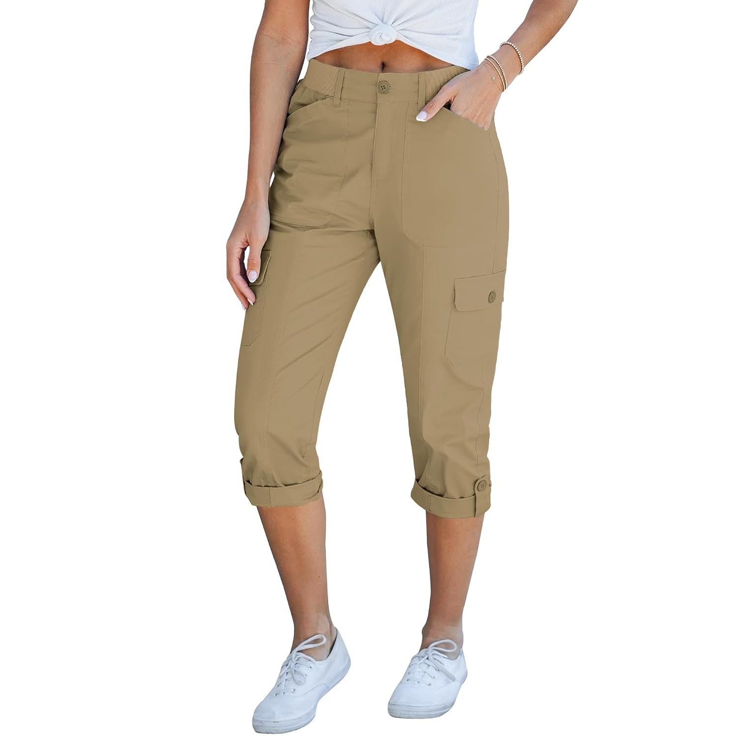 Casual Cargo Capri Pants With Knit Waistband