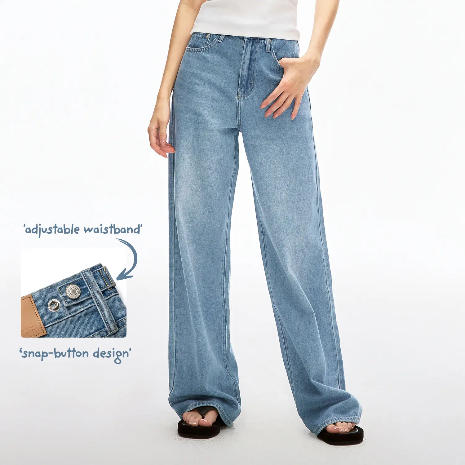 Nextrys AdaptHer Women's High-Rise Wide Straight Leg Baggy Jeans with Snap-Button Waistband Y2K Lightweight Tummy Control Casual Everyday Style Denim Basic Minimalist Maxi
