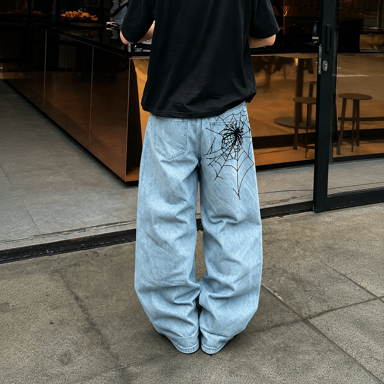 Loose Vintage Spider Web Embroidered Jeans For Men