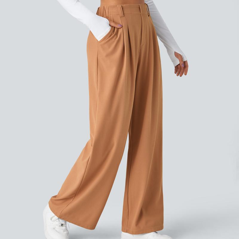 High Rise Wide Waffle Work Pants With Pockets For Women