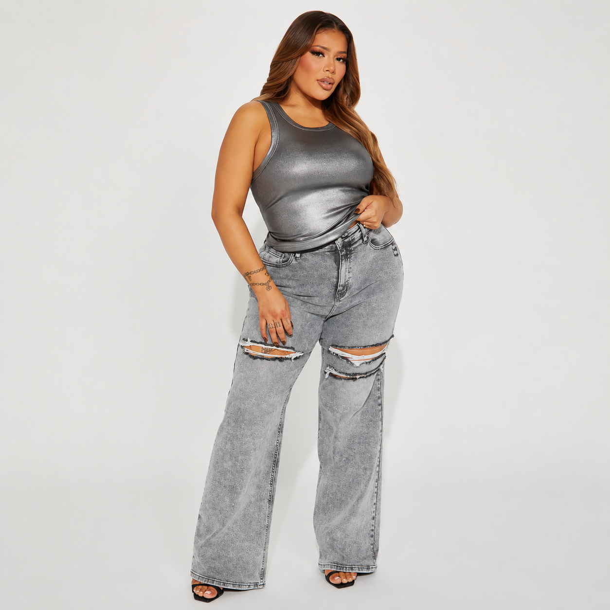 Semi Ripped Stretch Baggy Jeans For Women
