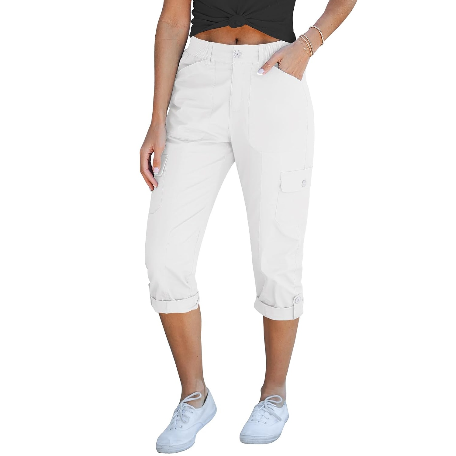 Casual Cargo Capri Pants With Knit Waistband