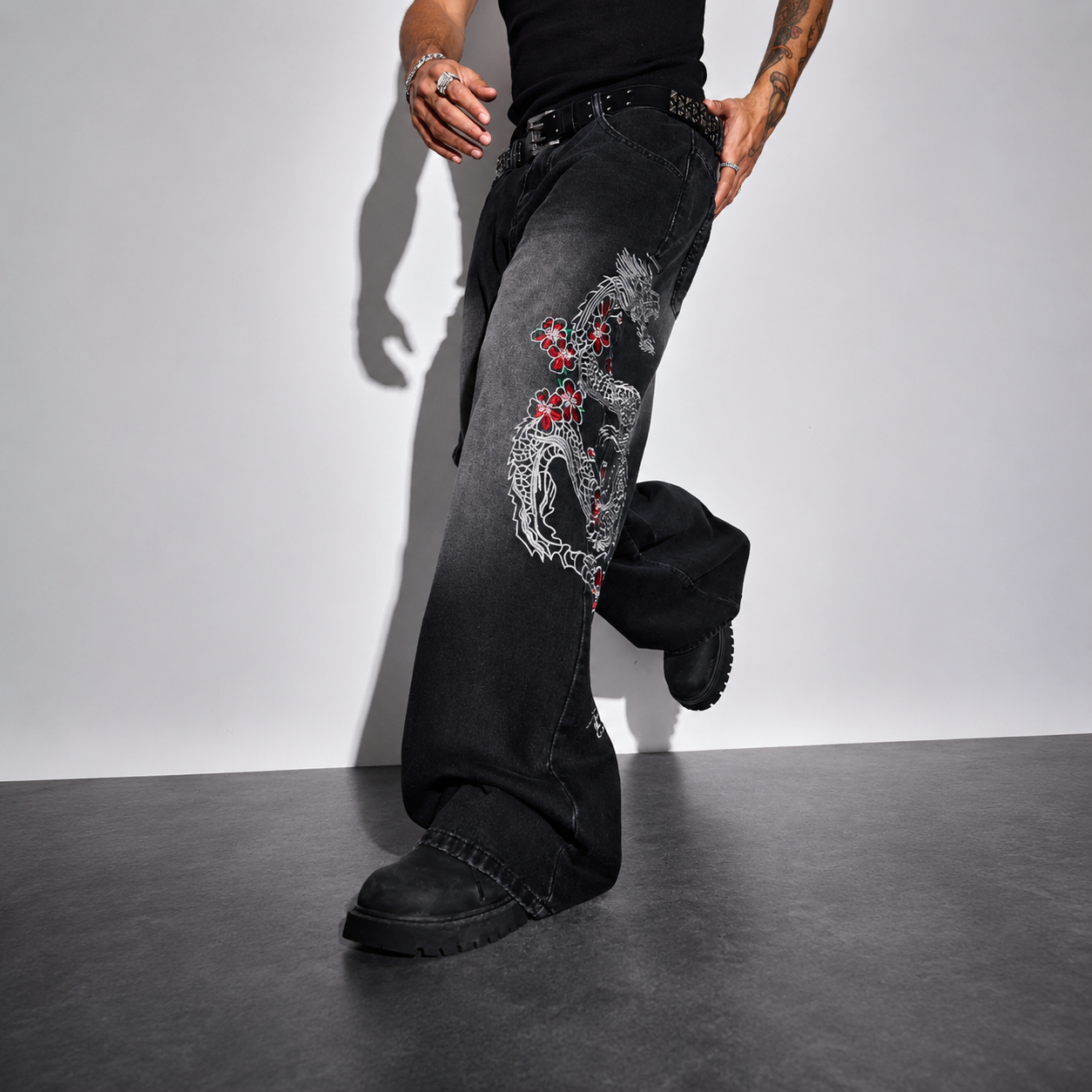 Casual Wide Loose Retro Vintage Embroidery Pants For Men