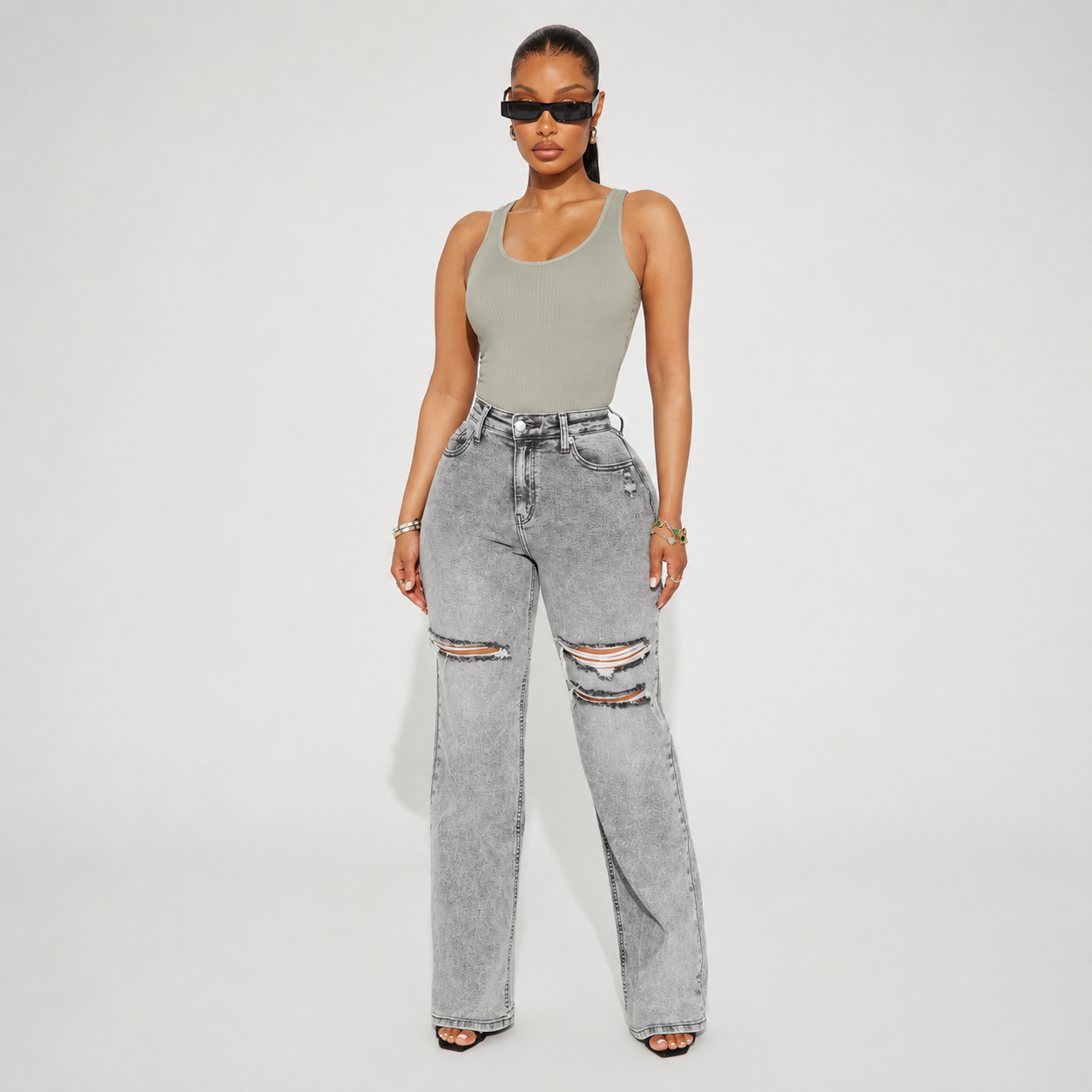Semi Ripped Stretch Baggy Jeans For Women
