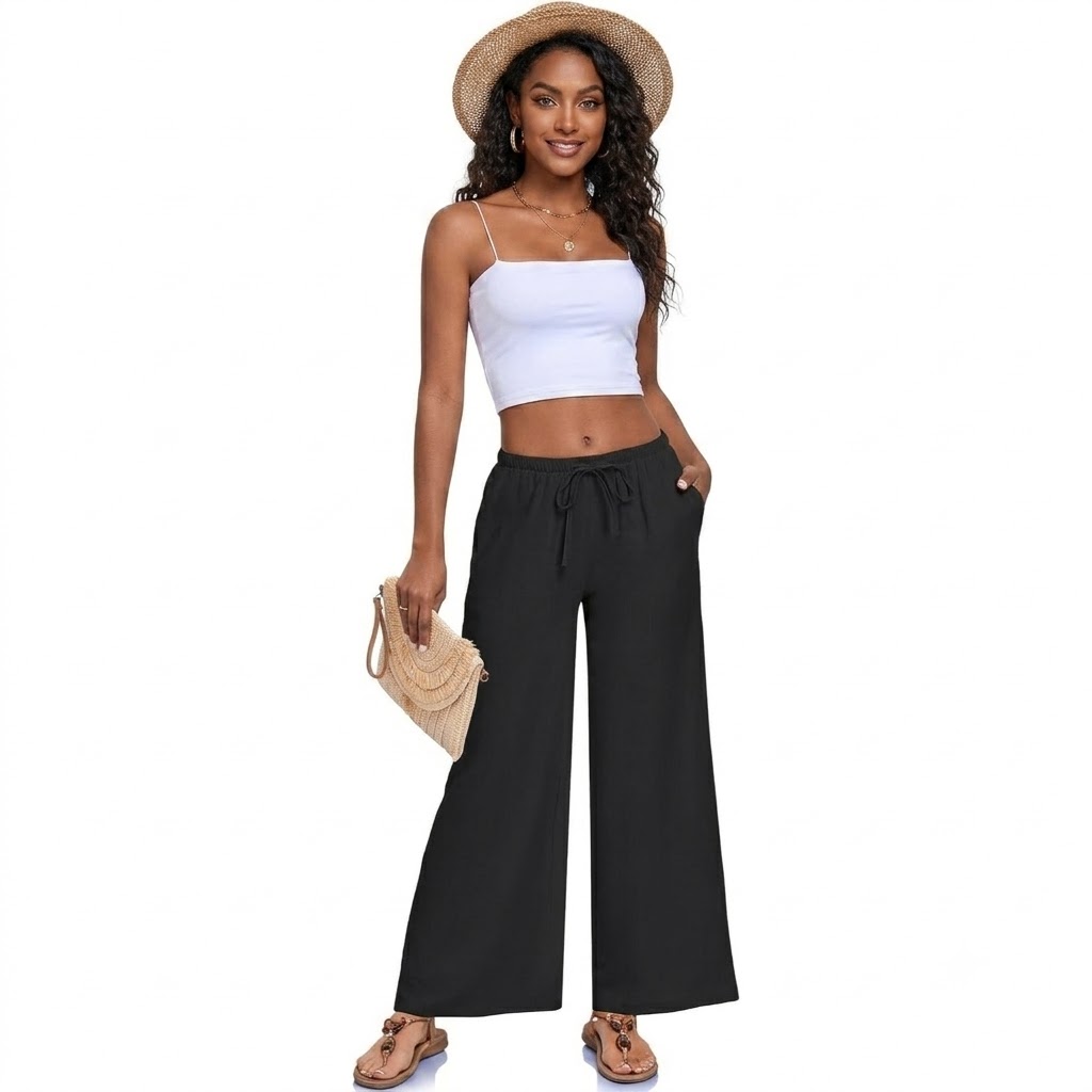 Summer Beach Wide Linen Palazzo Cotton Pants With Drawstring for Women