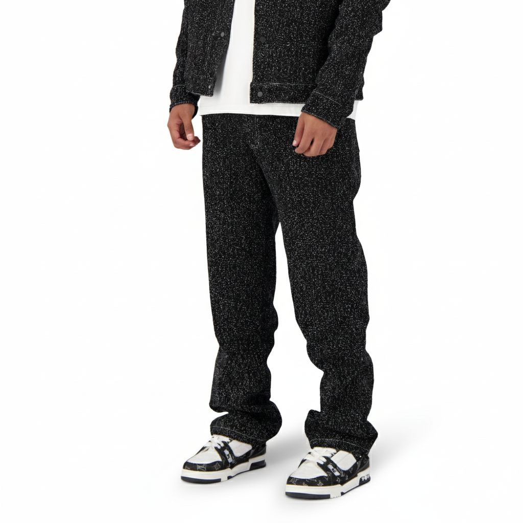 Boucle Denim Pants With Speckled Texture And Straight Baggy Fit