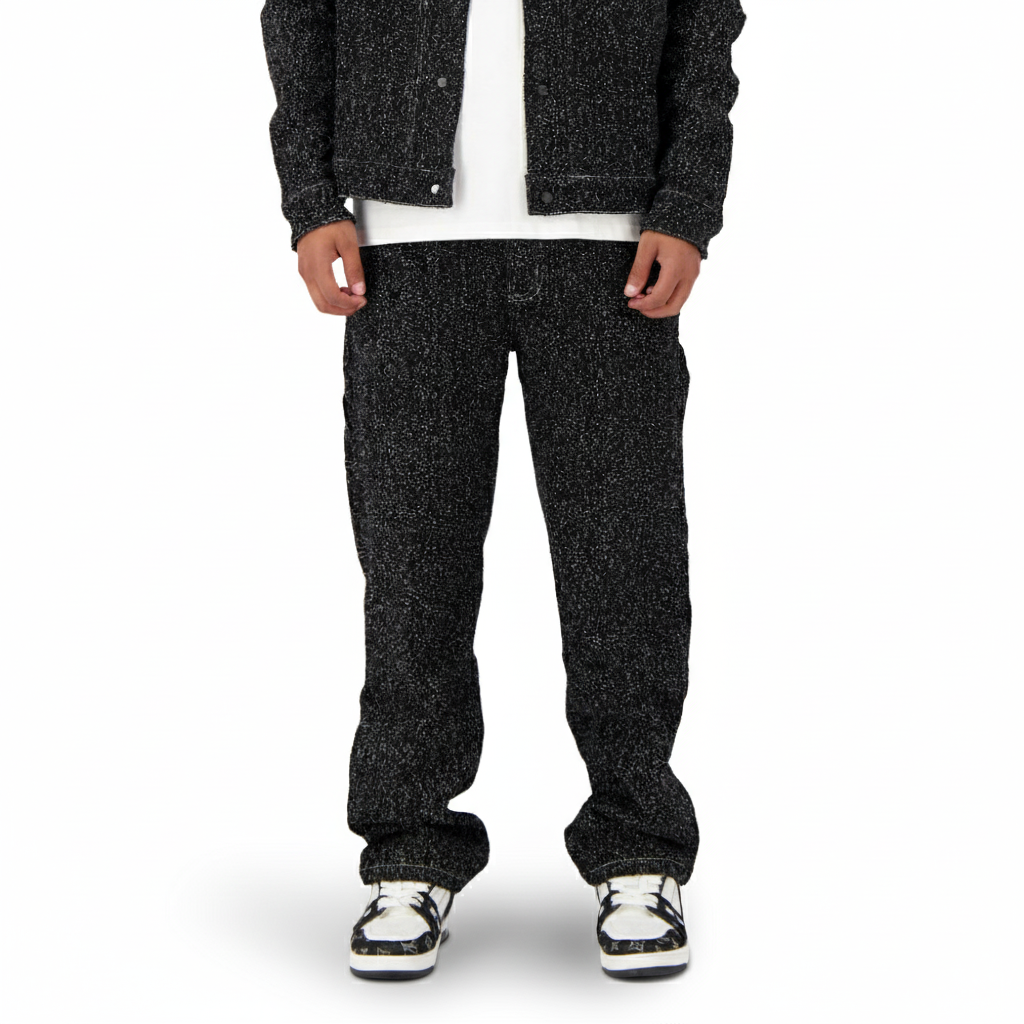 Boucle Denim Pants With Speckled Texture And Straight Baggy Fit
