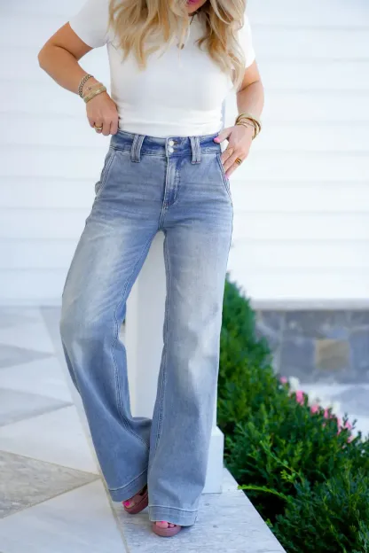 High Rise Double Button Wide Leg Jeans