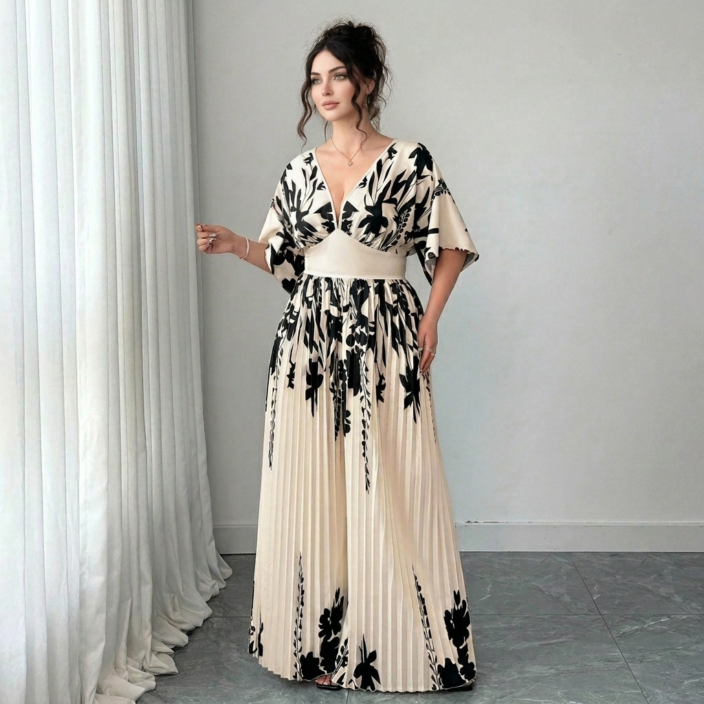 Women's Printed Deep V Neck Batwing Sleeve Pleated Elegant Jumpsui