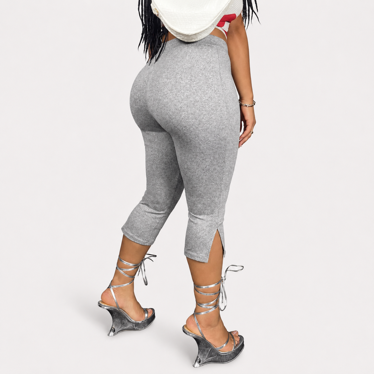 Solid Cropped Pants With Side Slit Hem For Women