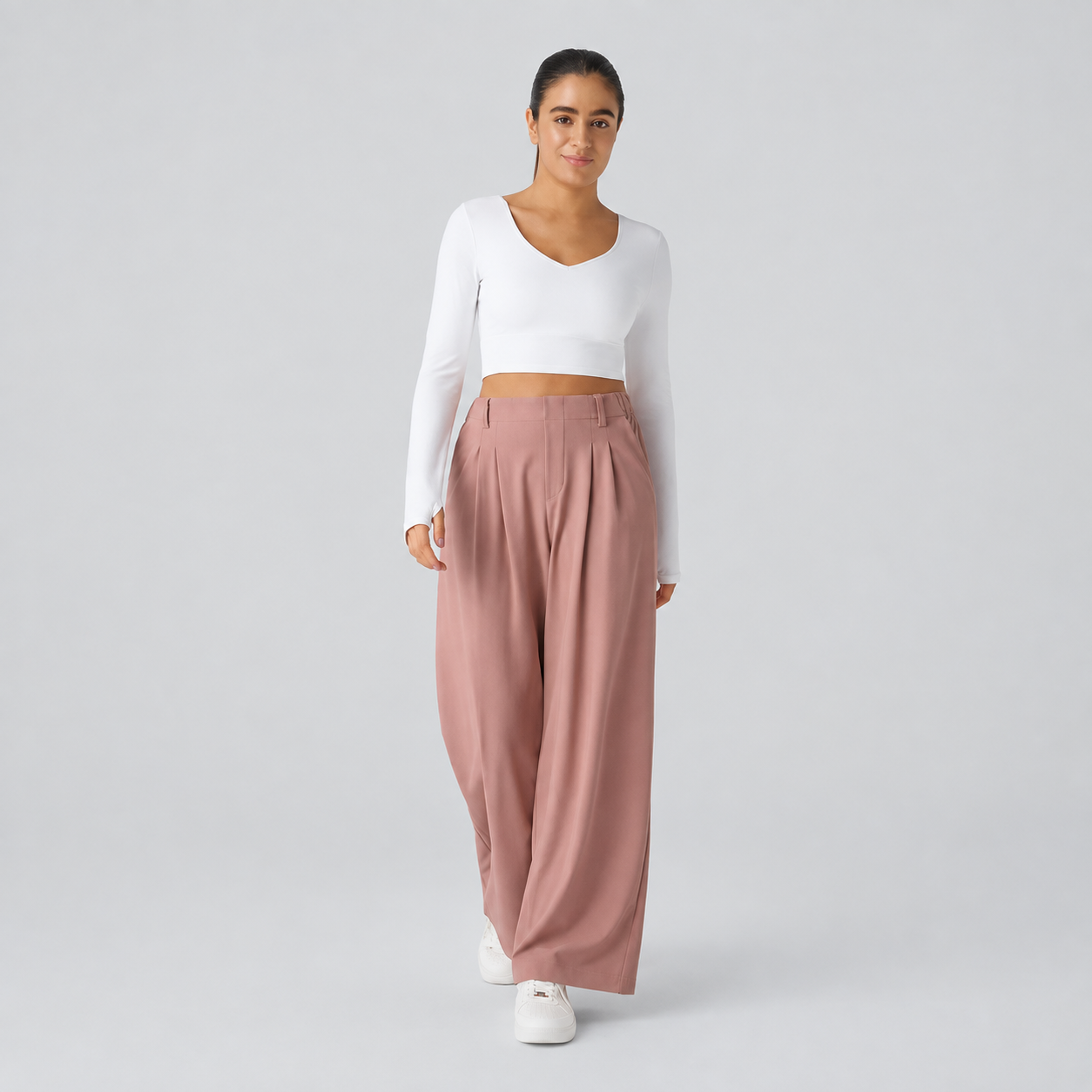 High Rise Wide Waffle Work Pants With Pockets For Women