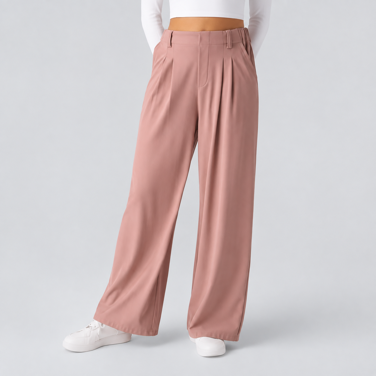 High Rise Wide Waffle Work Pants With Pockets For Women