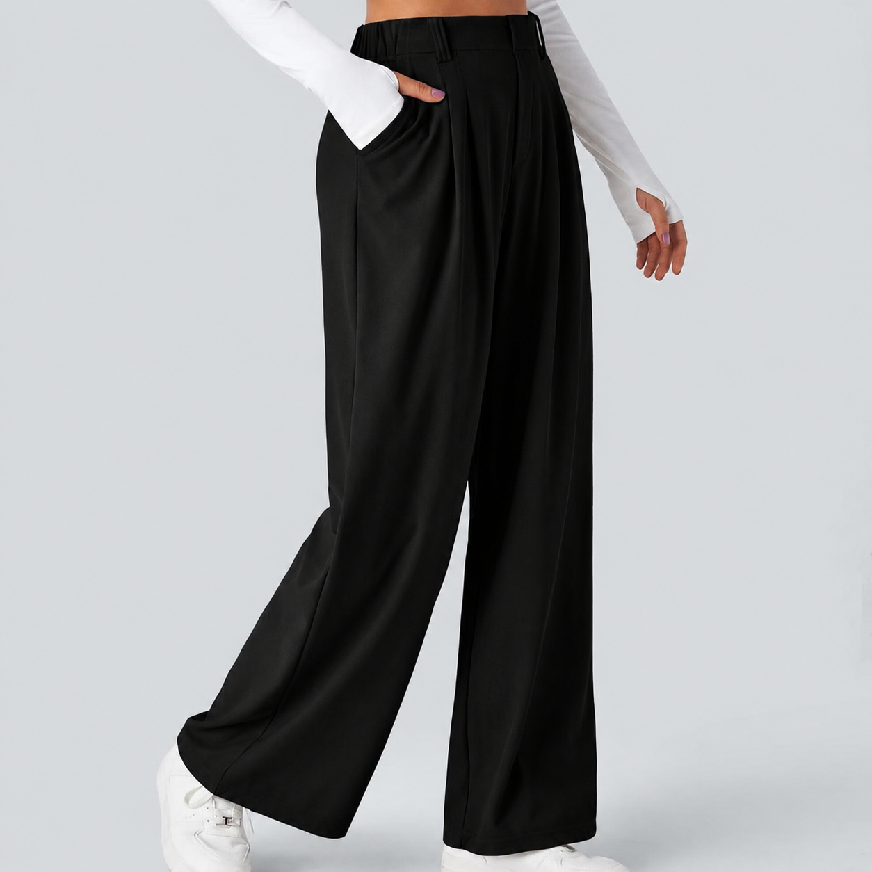 High Rise Wide Waffle Work Pants With Pockets For Women