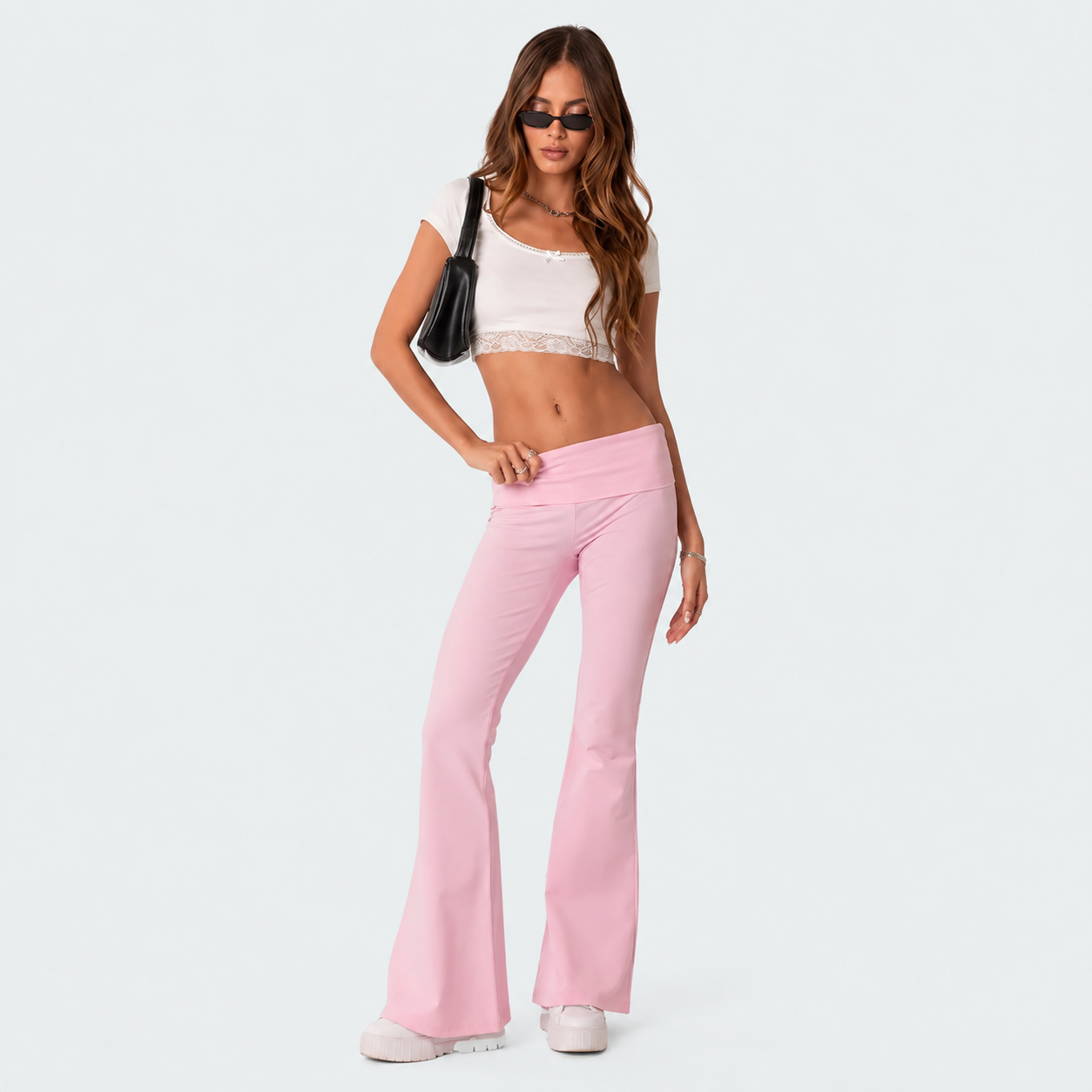 Foldover Flared Casual Pants For Everyday Wear For Women