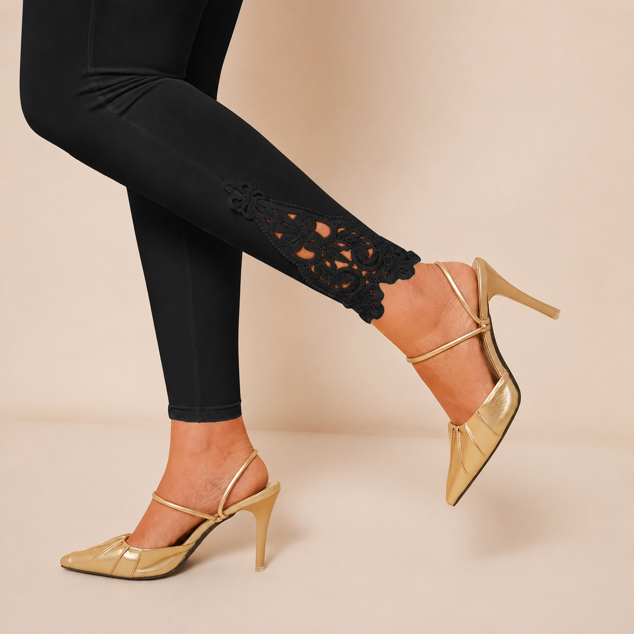 Elastic Contrast Lace High Rise Legging Pants For Women