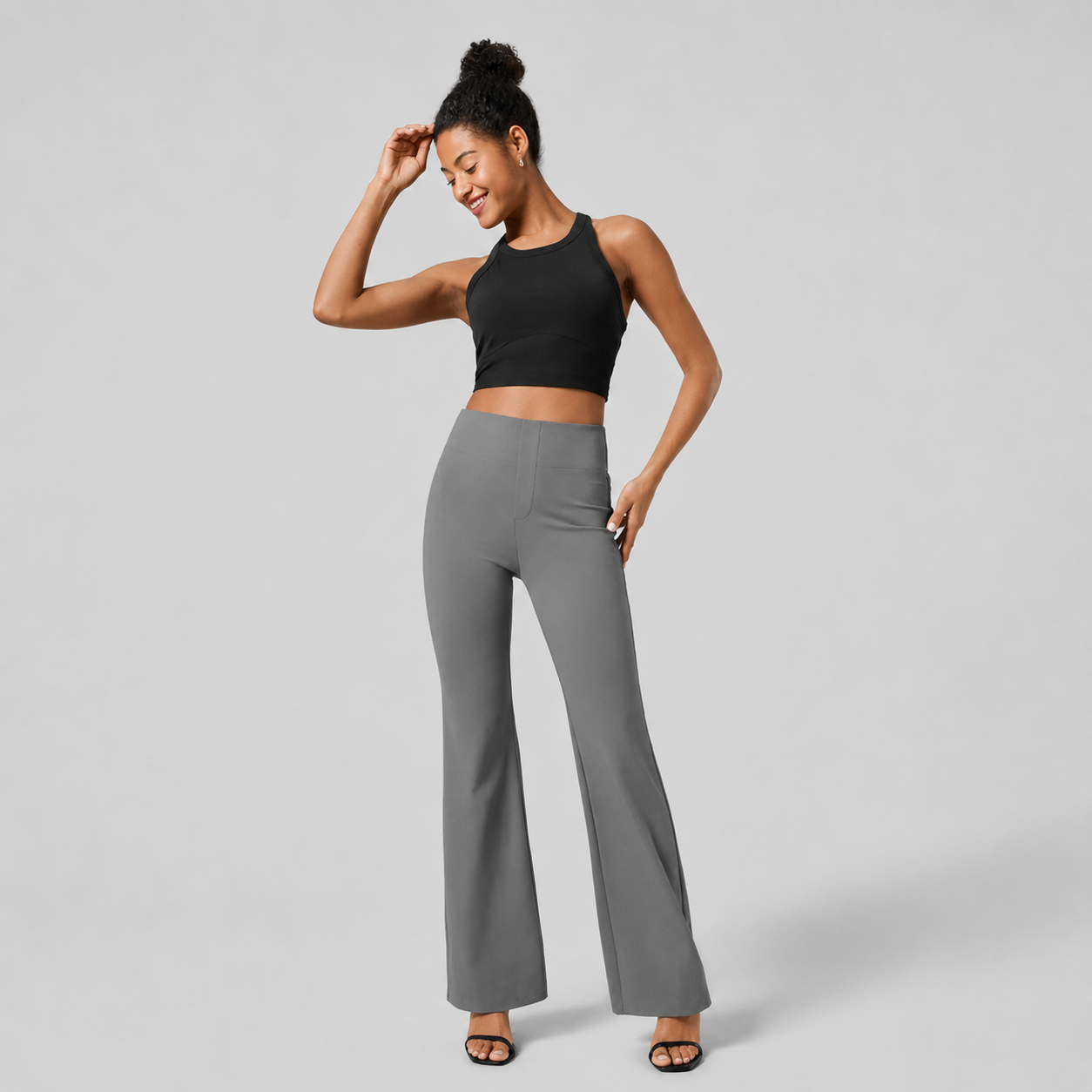 High Rise Flare Work Pants With Back Side Pocket For Women