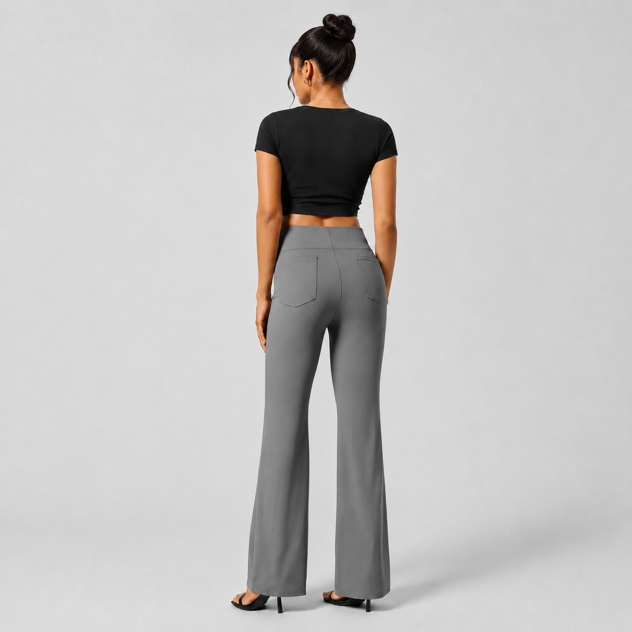 High Rise Flare Work Pants With Back Side Pocket For Women