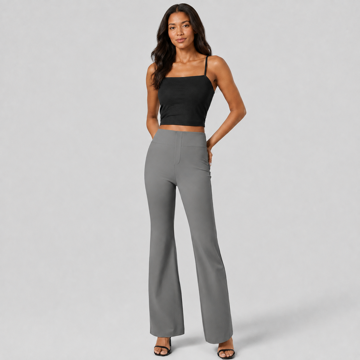 High Rise Flare Work Pants With Back Side Pocket For Women