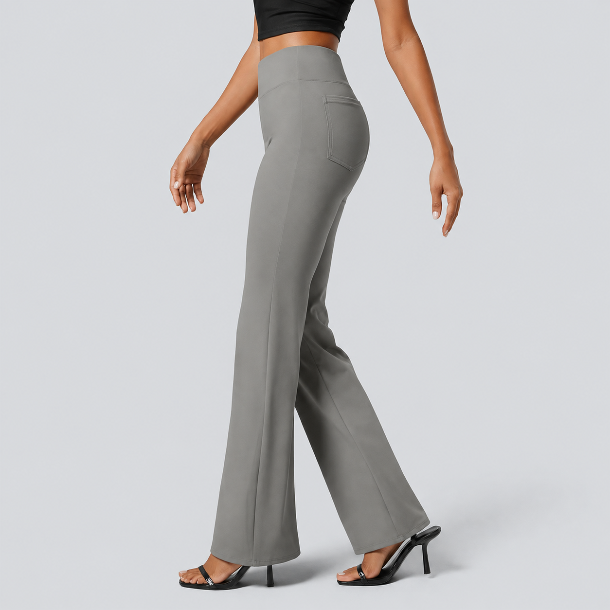High Rise Flare Work Pants With Back Side Pocket For Women