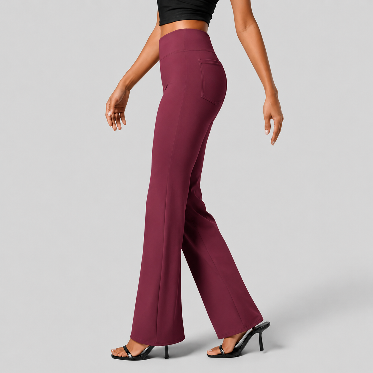 High Rise Flare Work Pants With Back Side Pocket For Women