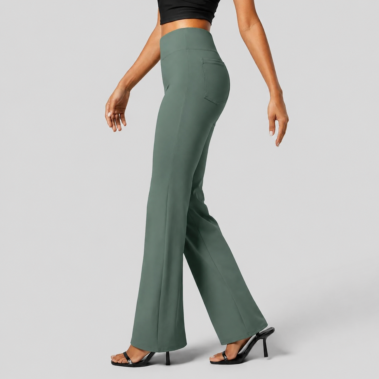 High Rise Flare Work Pants With Back Side Pocket For Women