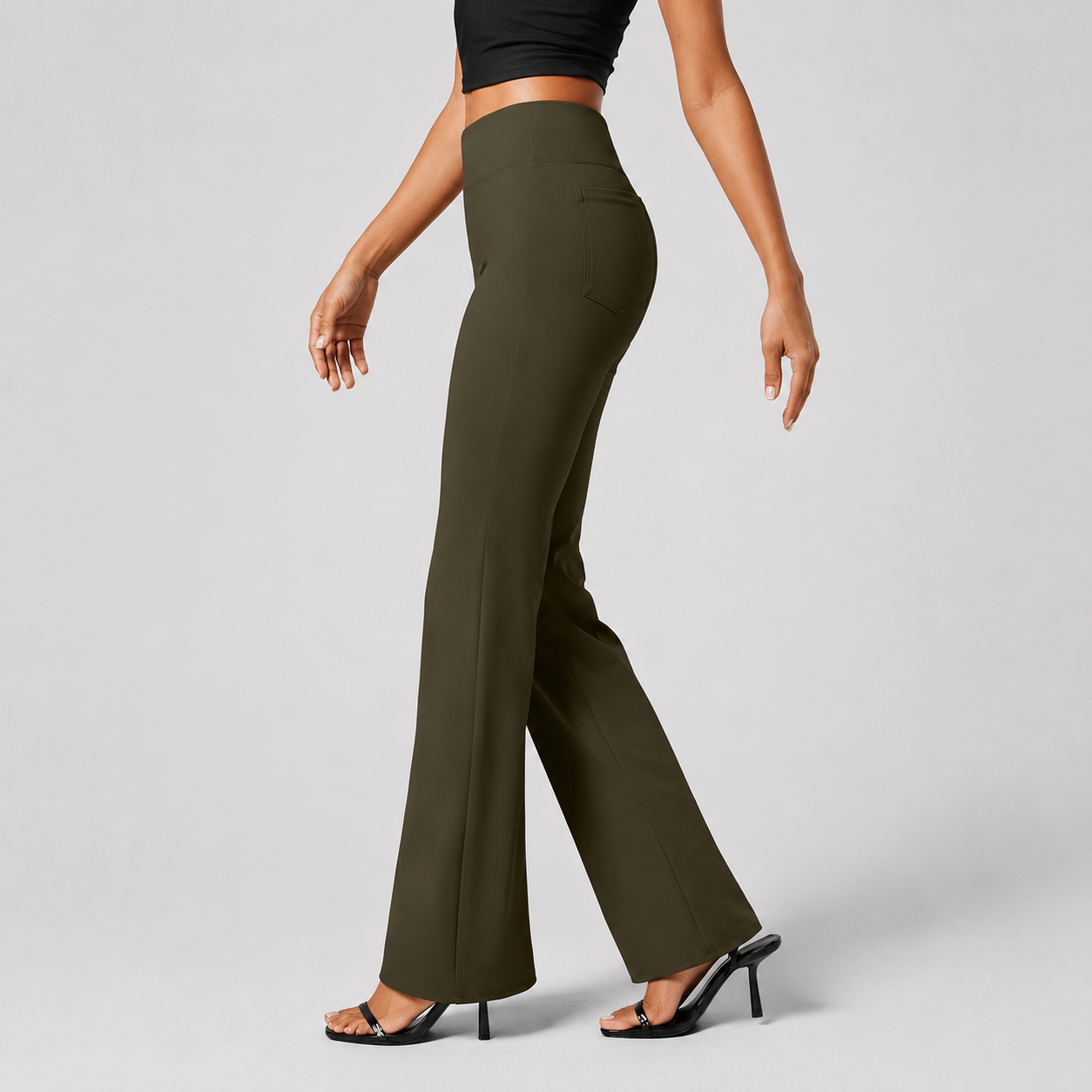 High Rise Flare Work Pants With Back Side Pocket For Women