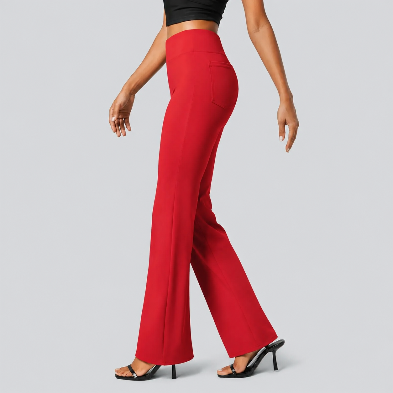 High Rise Flare Work Pants With Back Side Pocket For Women