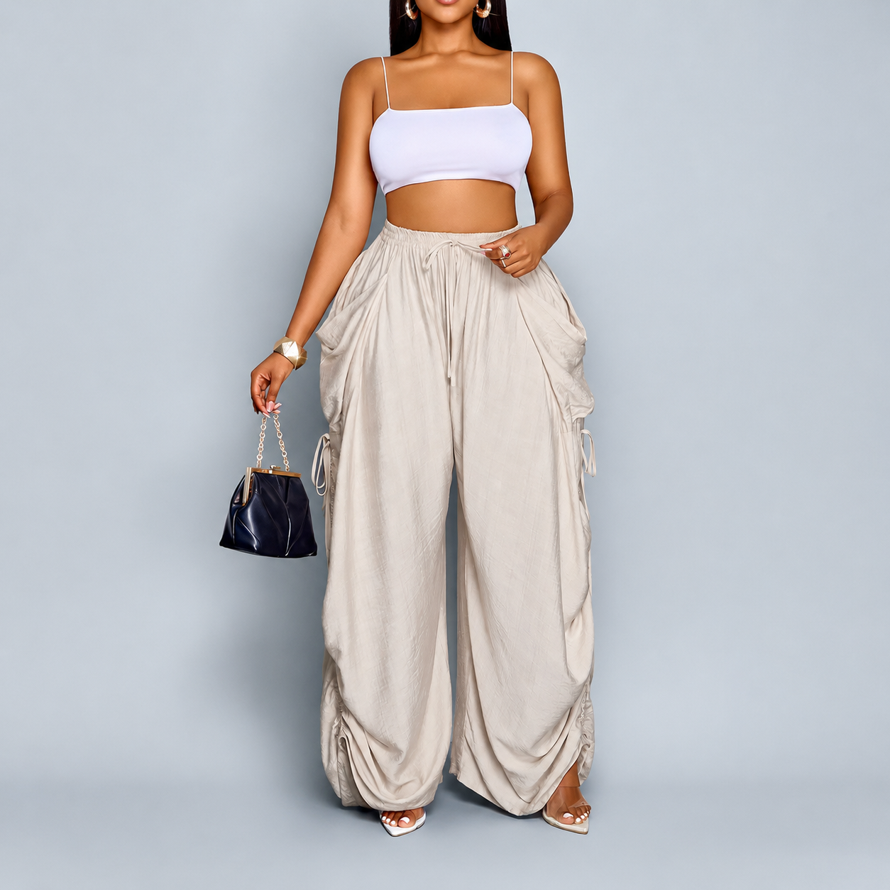 Casual High Rise Wide Loose Pants With Drawstring For Women