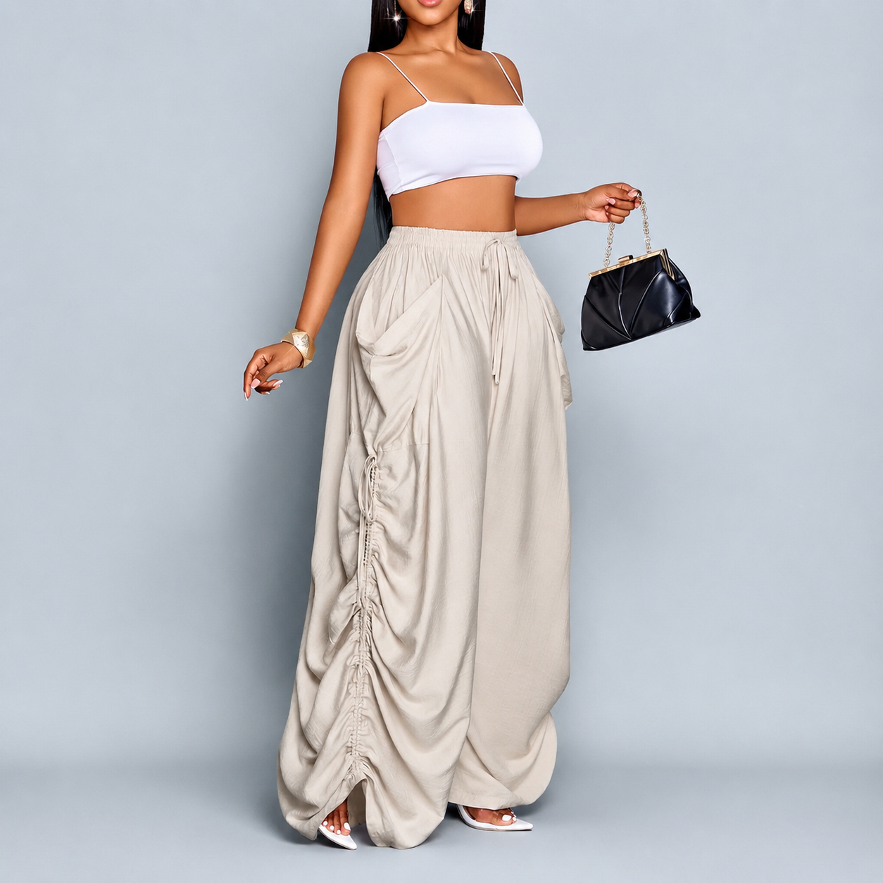 Casual High Rise Wide Loose Pants With Drawstring For Women