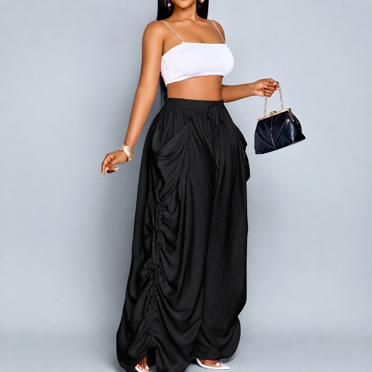 Casual High Rise Wide Loose Pants With Drawstring For Women