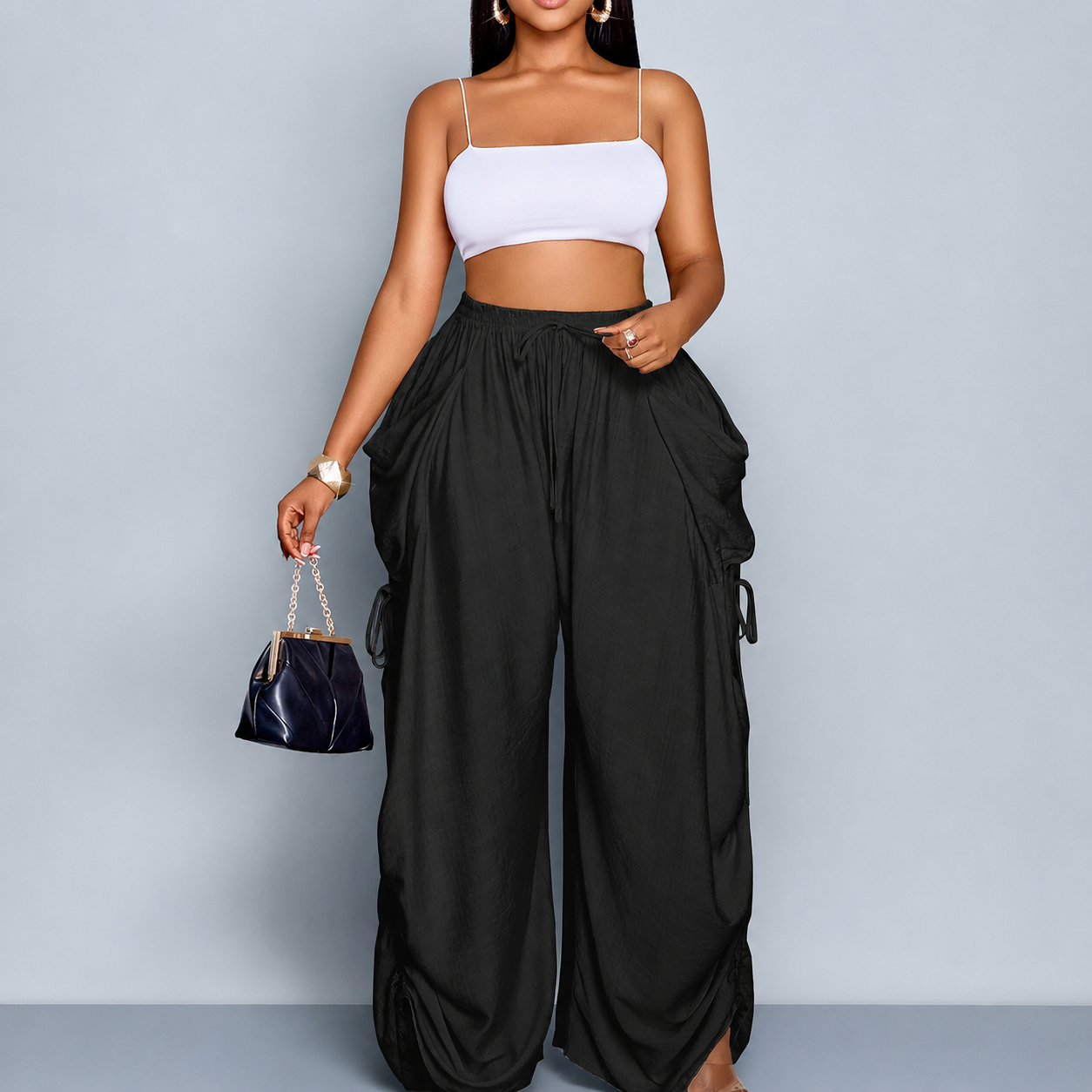 Casual High Rise Wide Loose Pants With Drawstring For Women