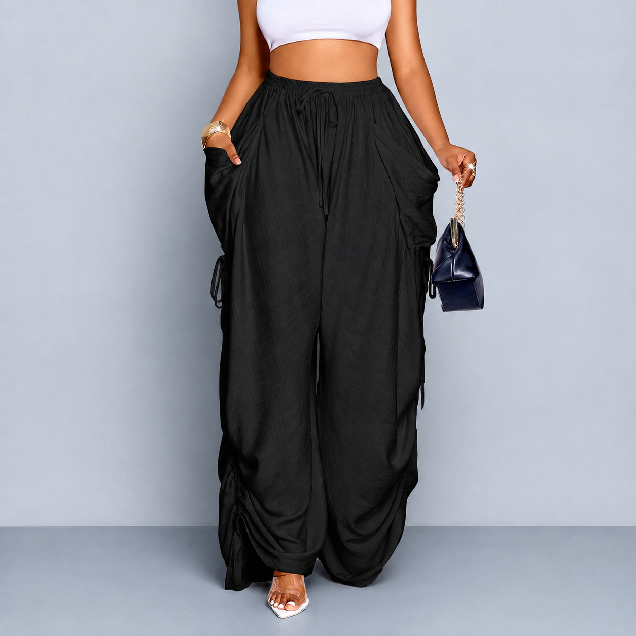 Casual High Rise Wide Loose Pants With Drawstring For Women